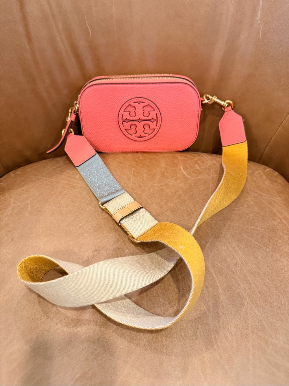 Tory Burch Coral Leather Crossbody with Multi‑Tone Strap